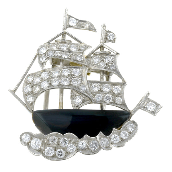 Vintage Onyx & Diamond Sailboat Pin:: Doyle & Doyle