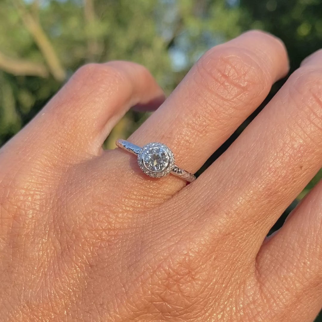 Contemporary ring: a White Gold Diamond Frame Engagement Ring, Old Euro 1.04ct- Heirloom sold by Doyle & Doyle vintage and antique jewelry boutique.
