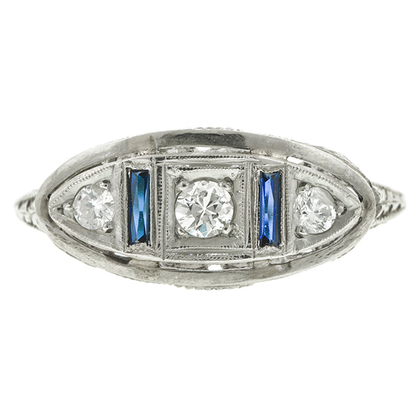 Vintage ring: a White Gold Filigree Diamond and Sapphire Engagement Ring sold by Doyle & Doyle vintage and antique jewelry boutique.