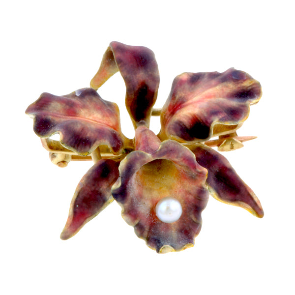 Antique Enamel Orchid Pin