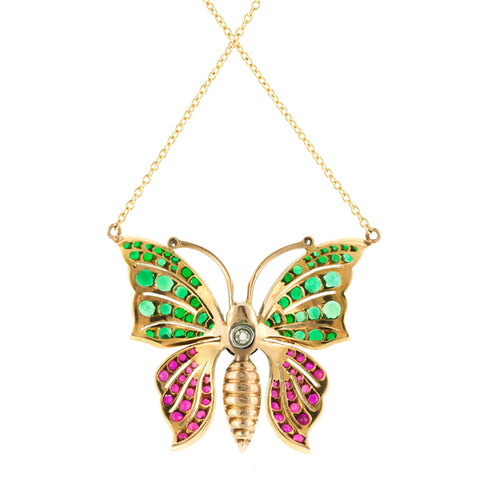 Antique Victorian Ruby, Emerald & Diamond Butterfly Necklace