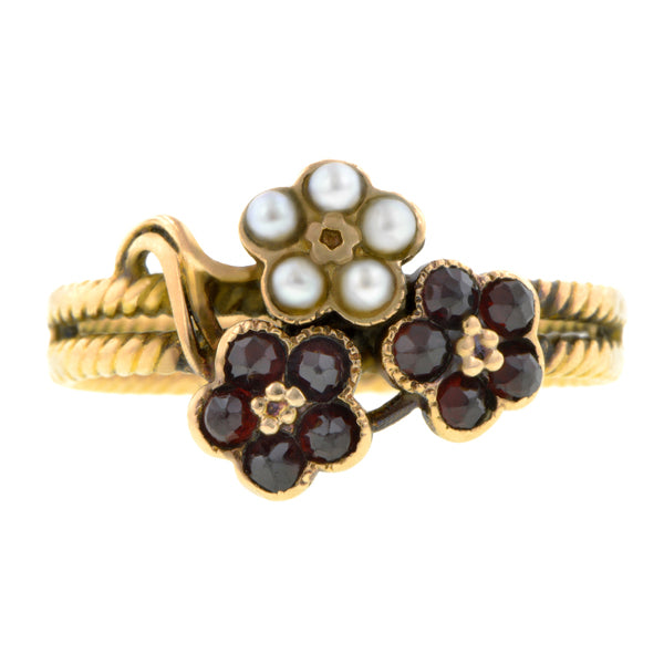 Vintage Garnet & Pearl Flower Ring::Doyle & Doyle