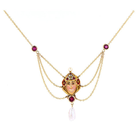 Art Nouveau Enamelled Lady Ruby & Diamond Necklace