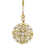 Antique Pearl & Green Enamel Pendant in yellow gold on coordinating chain, from Doyle & Doyle vintage and antique jewelry boutique