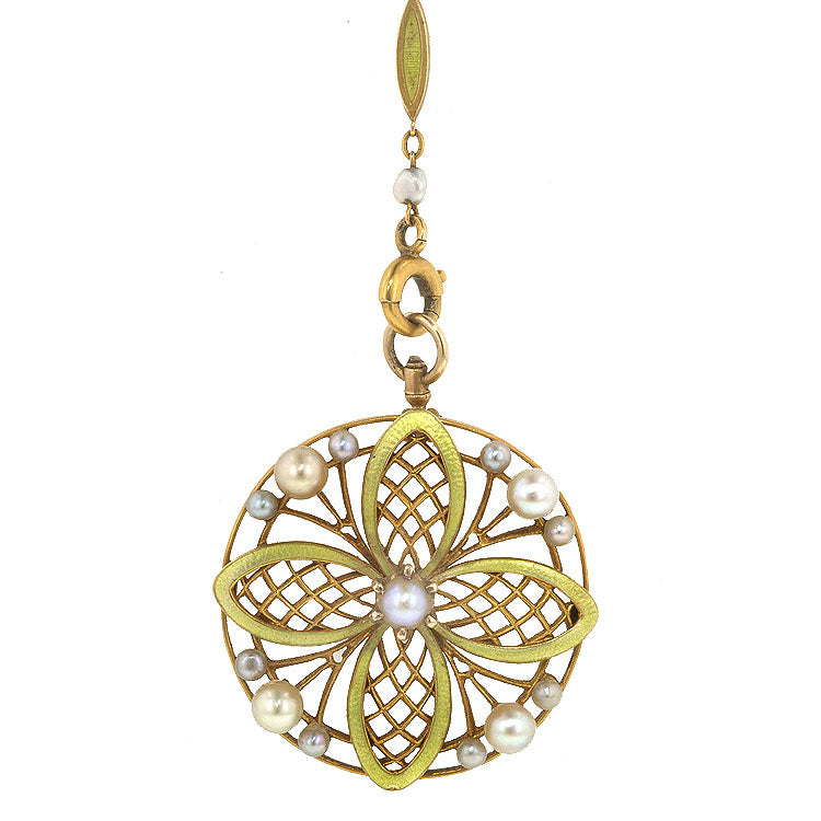 Antique Pearl & Green Enamel Pendant in yellow gold on coordinating chain, from Doyle & Doyle vintage and antique jewelry boutique