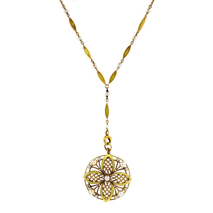 Antique Pearl & Green Enamel Pendant in yellow gold on coordinating chain, from Doyle & Doyle vintage and antique jewelry boutique