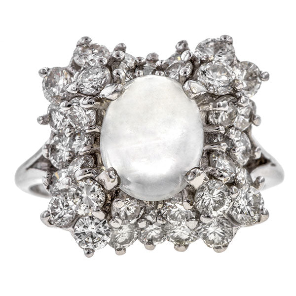 Vintage Ring: a 14k White Gold Cluster of Round Brilliant Cut Diamonds With Moonstone Ring sold by Doyle & Doyle vintage and antique jewelry boutique 