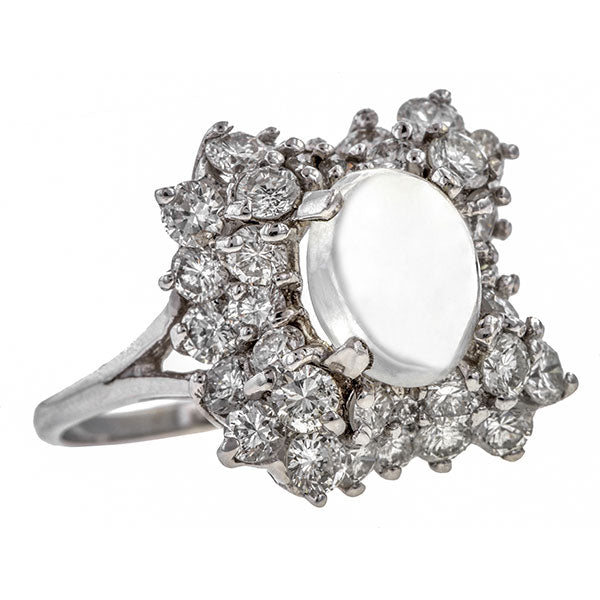Vintage Ring: a 14k White Gold Cluster of Round Brilliant Cut Diamonds With Moonstone Ring sold by Doyle & Doyle vintage and antique jewelry boutique