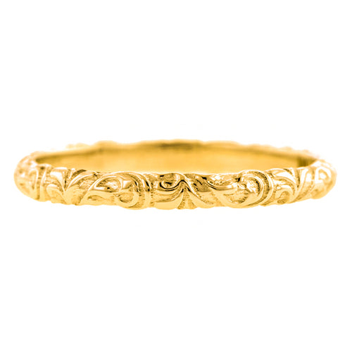 Contemporary ring: a Yellow Gold Scrolling Pattern  Wedding Band, sold by Doyle & Doyle vintage and antique jewelry boutique