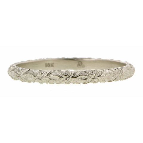 Contemporary ring: a White Gold Fleur Patterned Gold Band- Heirloom sold by Doyle & Doyle vintage and antique jewelry boutique.