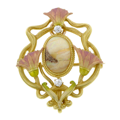 Art Nouveau Opal and Diamond Enamel Pin/Pendant, from Doyle & Doyle vintage and antique jewelry