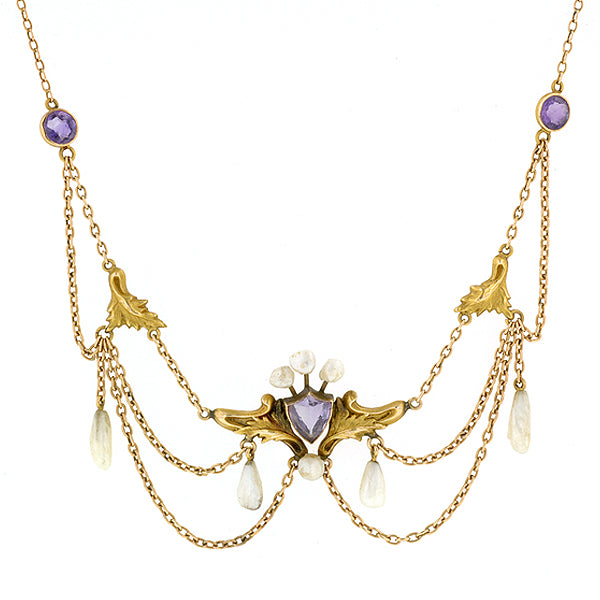 Antique Art Nouveau Amethyst & Pearl Festoon Necklace, from Doyle & Doyle antique and vintage jewelry