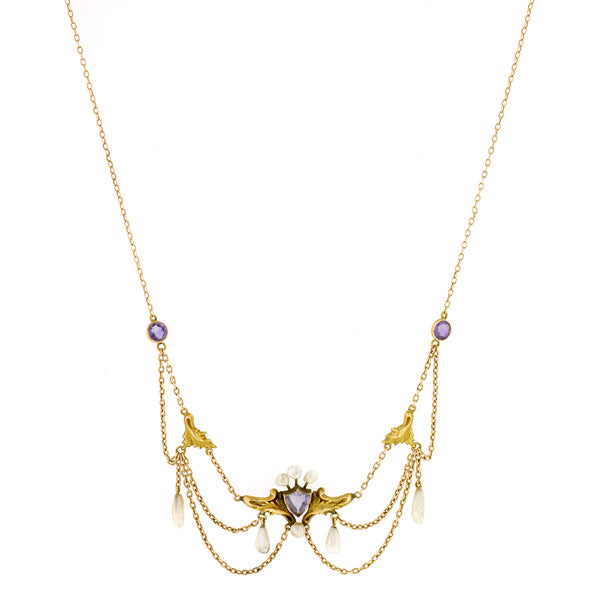 Antique Art Nouveau Amethyst & Pearl Festoon Necklace, from Doyle & Doyle antique and vintage jewelry