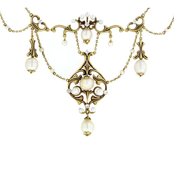 Antique Natural Pearl & Diamond Festoon Necklace sold by Doyle & Doyle vintage and antique jewelry boutique.
