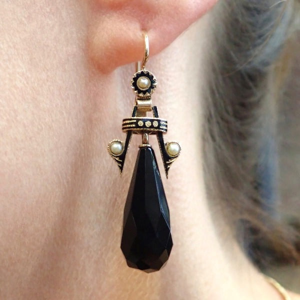 Victorian Onyx & Pearl Drop Earrings from Doyle & Doyle