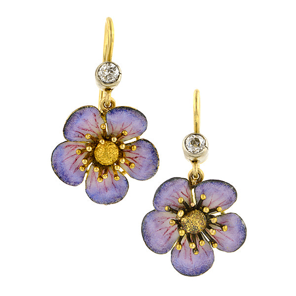 Victorian Enamel* & Diamond Flower Drop Earrings::Doyle & Doyle
