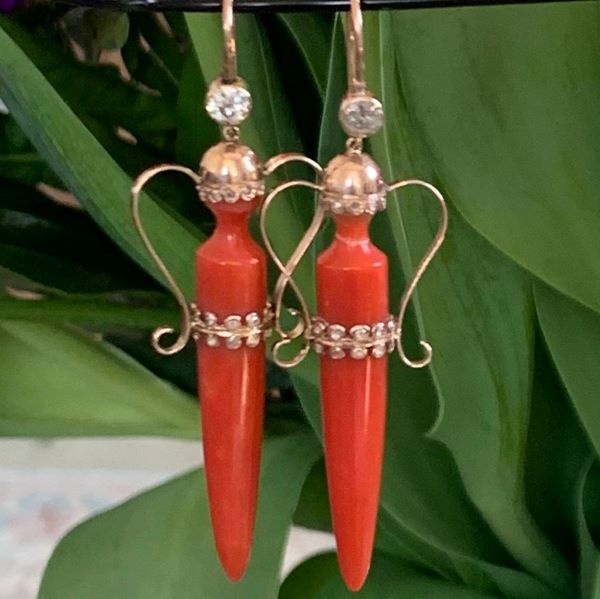 Victorian Coral & Diamond Amphora Earrings sold by Doyle and Doyle an antique and vintage jewelry boutique