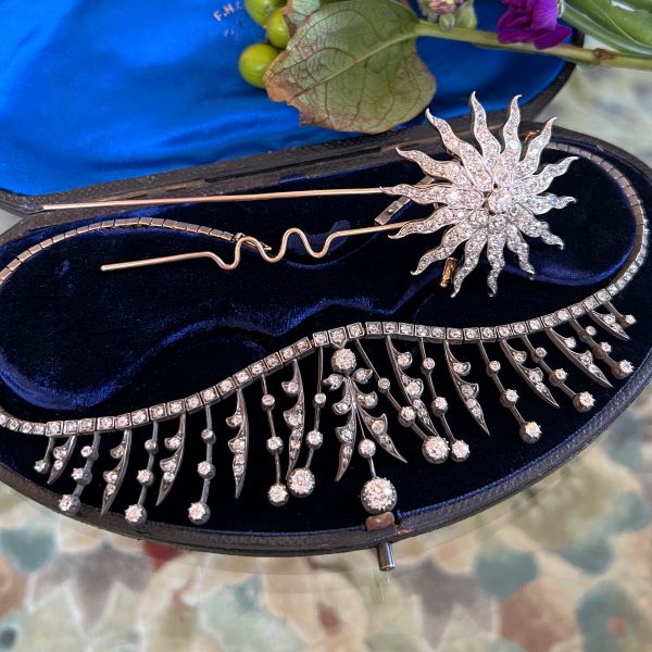 Victorian Old European Diamond Fringe Necklace sold by Doyle and Doyle an antique and vintage jewelry boutiqu