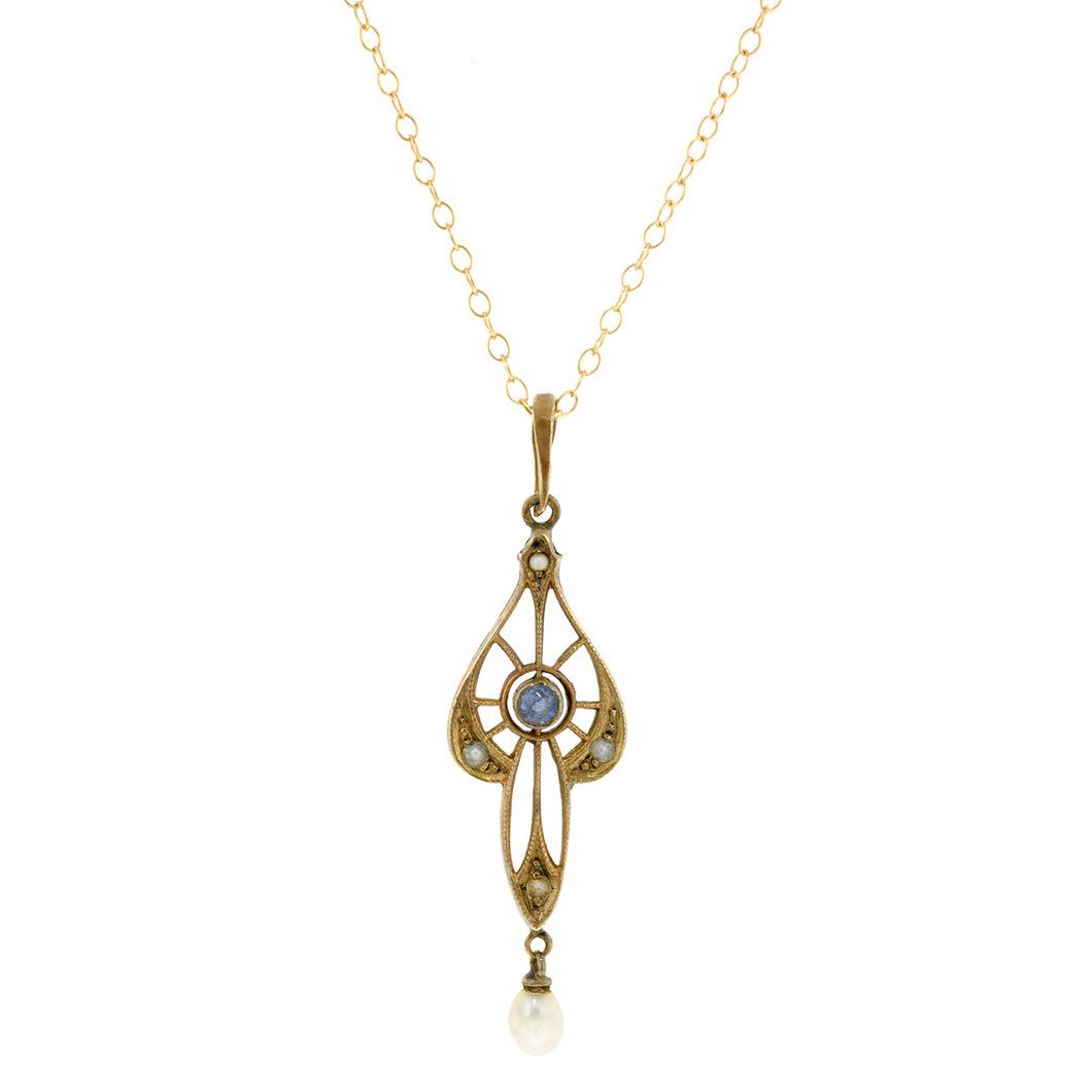 Edwardian Sapphire & Pearl Lavalier Necklace