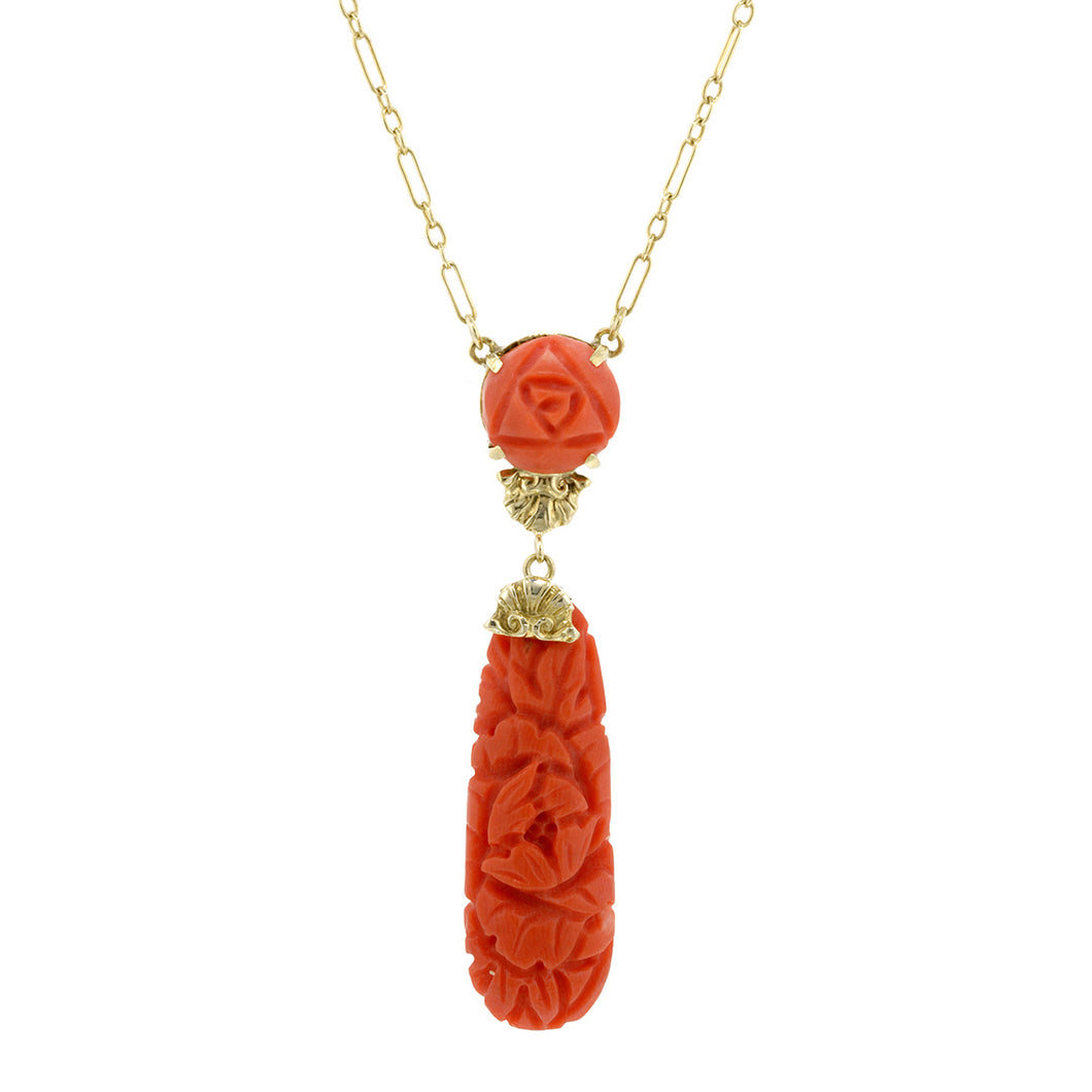 Art Deco Carved Coral Lavelier Necklace