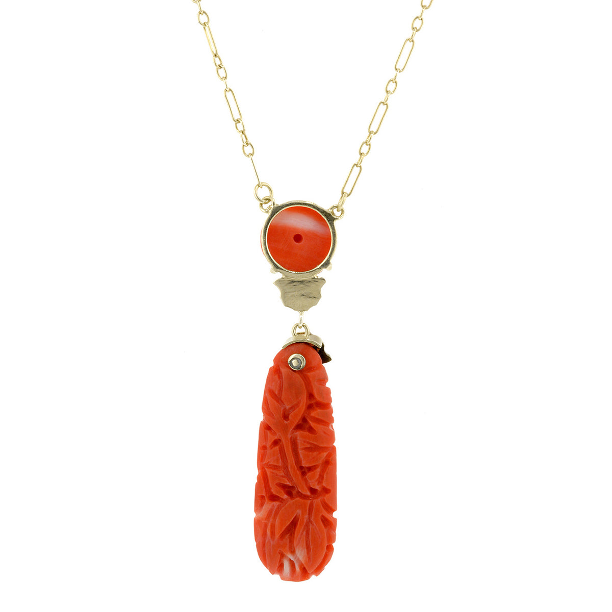 Art Deco Carved Coral Lavelier Necklace
