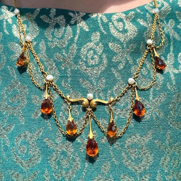 Edwardian Citrine & Pearl Necklace sold by Doyle and Doyle an antique and vintage jewelry boutique