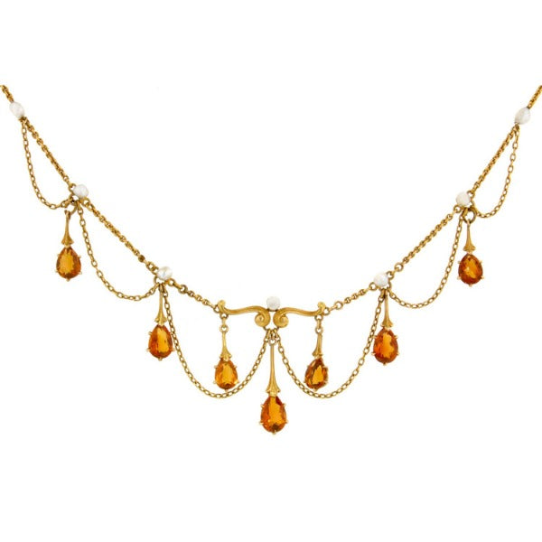 Edwardian Citrine & Pearl Necklace sold by Doyle and Doyle an antique and vintage jewelry boutique