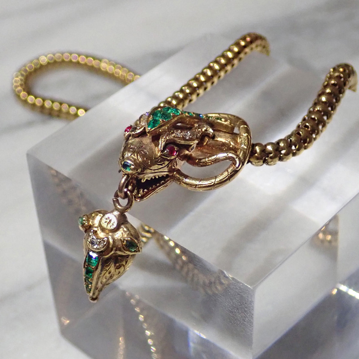 Victorian Emerald & Diamond Snake Necklace sold by Doyle & Doyle an antique & vintage jewelry boutique.