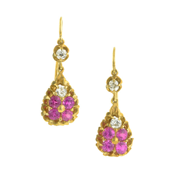 Antique Pink Sapphire & Diamond Drop Earrings
