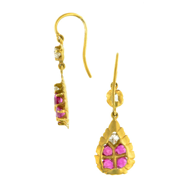 Antique Pink Sapphire & Diamond Drop Earrings