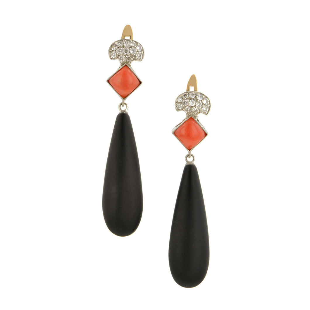 Diamond, Coral & Onyx Drop Earrings