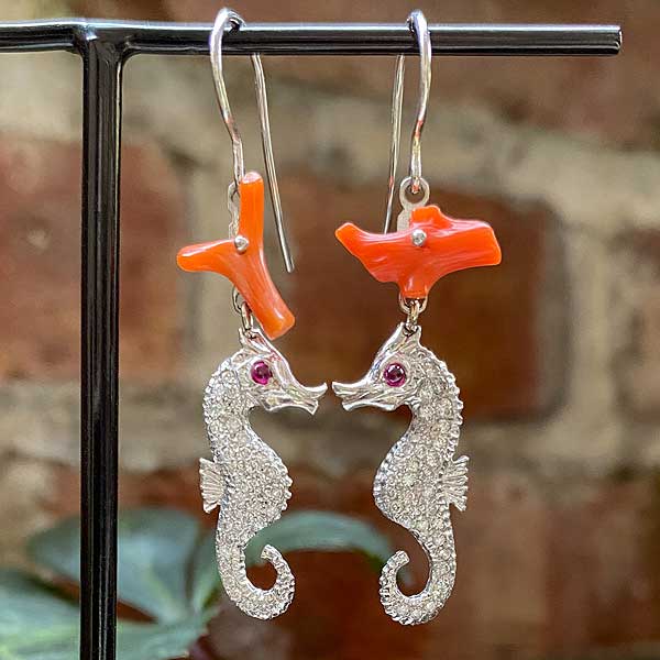 Coral, Ruby & Diamond Pave Seahorse Earrings, RBC 0.56ct. sold by Doyle and Doyle an antique and vintage jewelry boutique