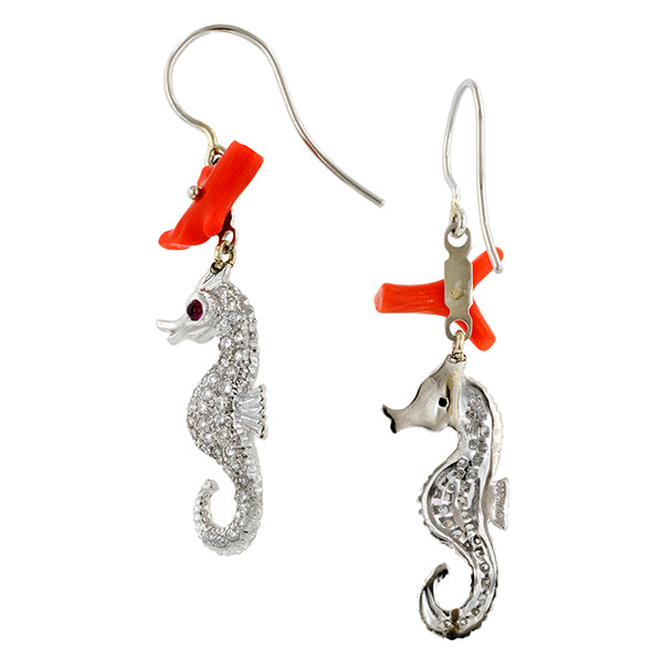 Coral, Ruby & Diamond Pave Seahorse Earrings, RBC 0.56ct. sold by Doyle and Doyle an antique and vintage jewelry boutique