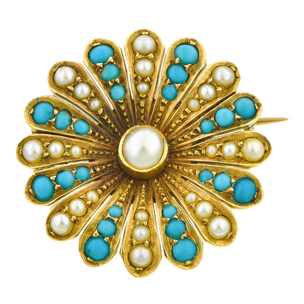 Victorian Pearl & Turquoise Flower Pin