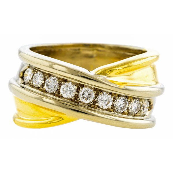 Vintage ring: a Yellow & White Two-tone Gold Diamond Crossover Wedding Band sold by Doyle & Doyle vintage and antique jewelry boutique.