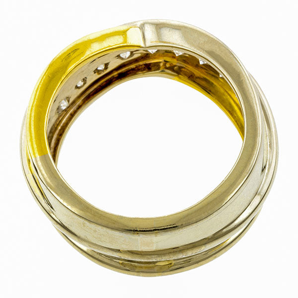 Vintage ring: a Yellow & White Two-tone Gold Diamond Crossover Wedding Band sold by Doyle & Doyle vintage and antique jewelry boutique.