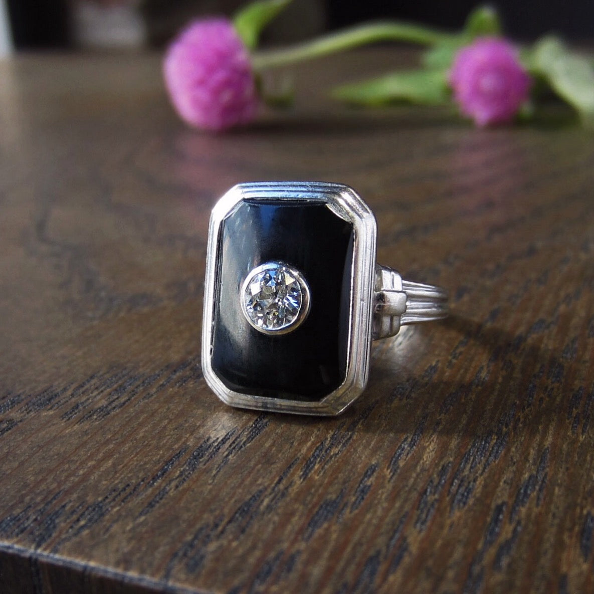 Art Deco Diamond and Onyx Ring, Old Euro 0.25ct