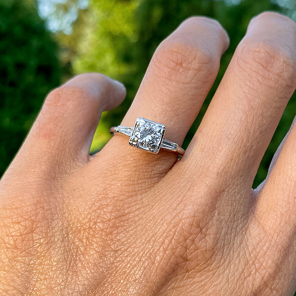Vintage ring: a White Gold Transition Round Brilliant Cut Diamond Engagement Ring sold by Doyle & Doyle vintage and antique jewelry boutique.
