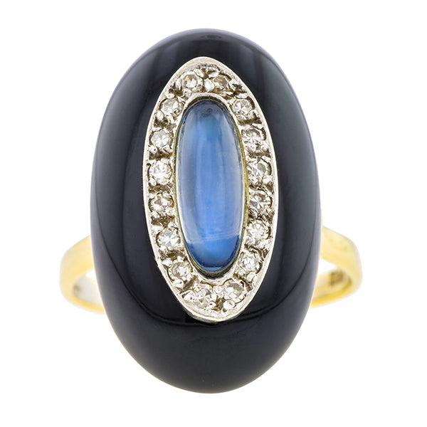 Art Deco Moonstone, Diamond & Onyx Ring