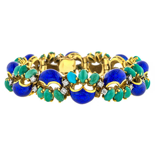 Vintage Turquoise Enamel & Diamond Bracelet