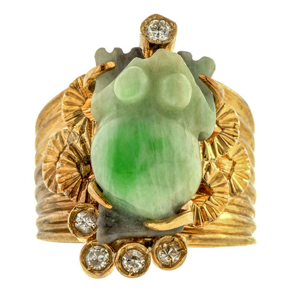 Vintage Carved Jade Frog & Diamond Ring