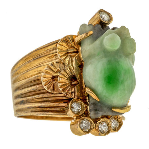 Vintage Carved Jade Frog & Diamond Ring