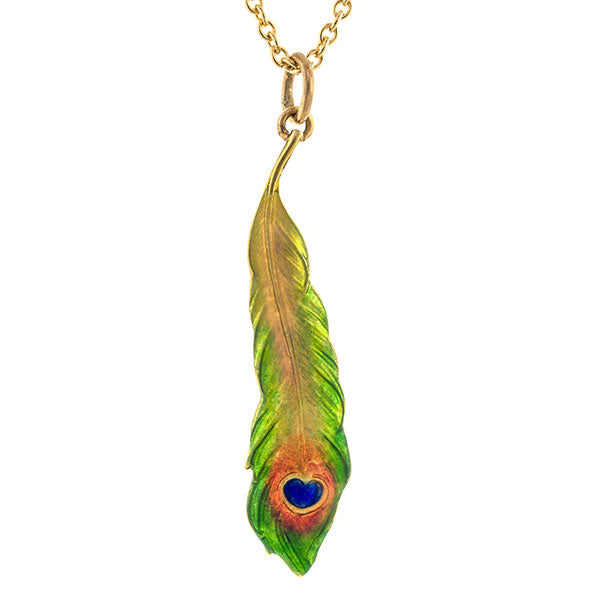 Art Nouveau Enameled* Peacock Feather Pendant