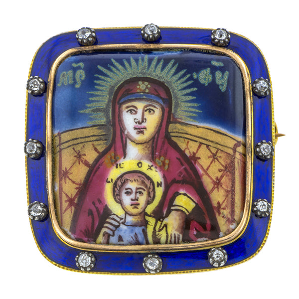 Georgian Enamel Madonna & Child Diamond Brooch