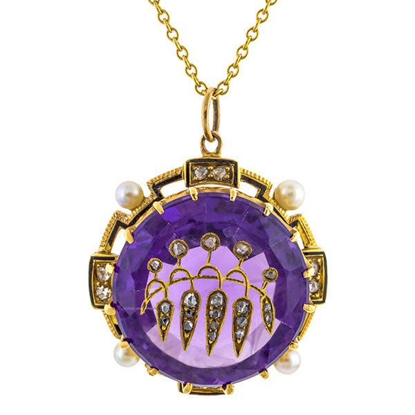 Victorian necklace: a Round Amethyst With Rose Cut Diamonds Yellow Gold Black Enamel Frame With Pearl Pendant sold by Doyle & Doyle vintage and antique jewelry boutique.