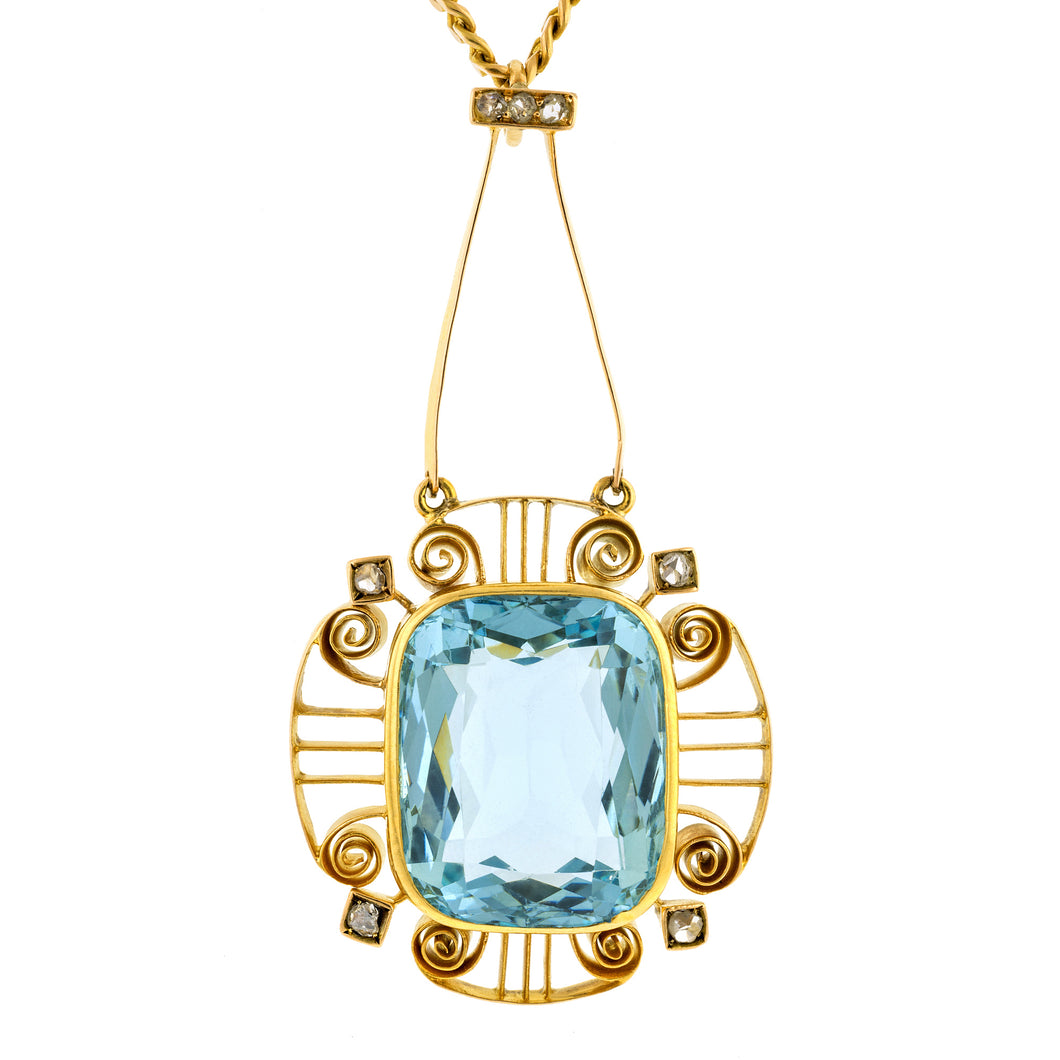 Arts & Crafts Aquamarine & Diamond Necklace