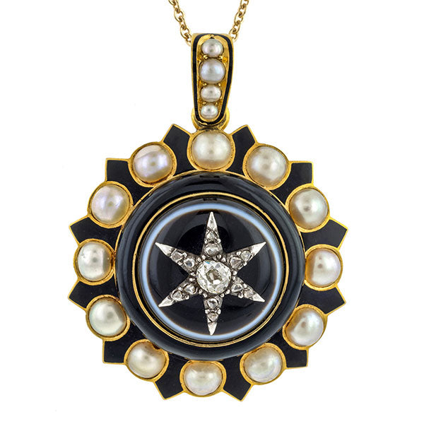 Victorian Diamond, Bull's Eye Agate, Pearl & Enamel Locket