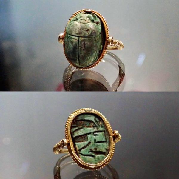 Doyle & Doyle vintage Egyptian scarab swivel ring in faience with heiroglyphics