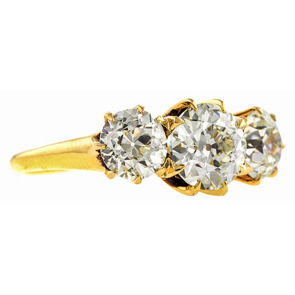 Antique Three Stone Diamond Engagement Ring, Old European cut, sold by Doyle & Doyle an antique & vintage jewelry store.