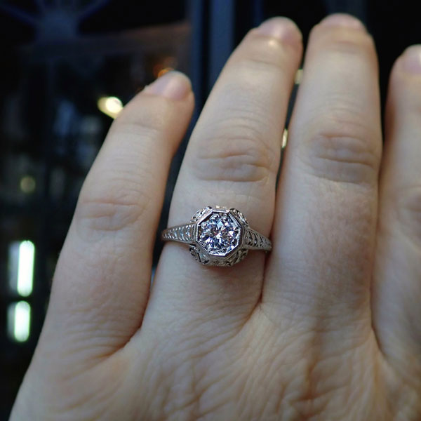 Art Deco Filigree Diamond Engagement Ring, RBC 0.33ct